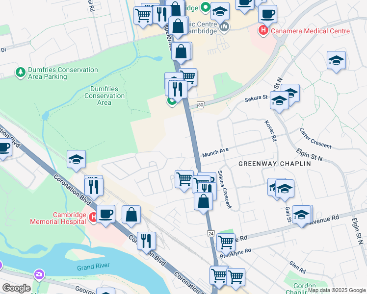 map of restaurants, bars, coffee shops, grocery stores, and more near 190 Hespeler Road in Cambridge