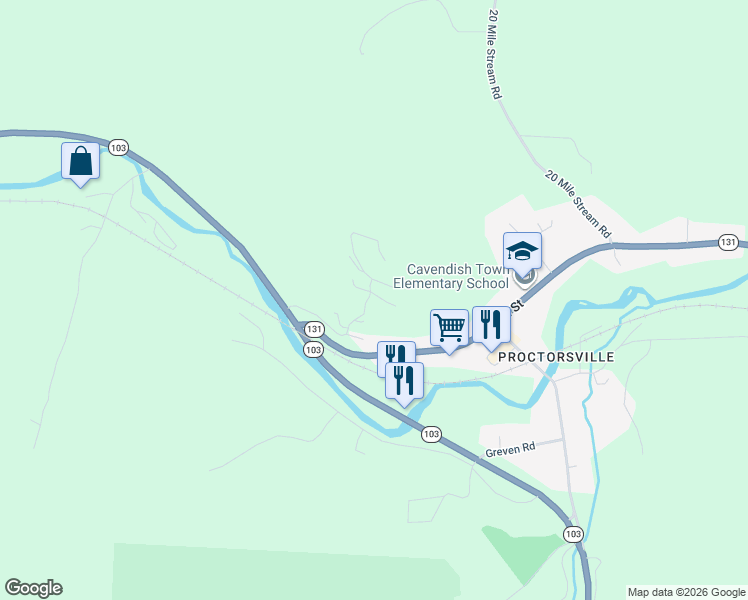 map of restaurants, bars, coffee shops, grocery stores, and more near 152 Castle Hill Drive in Cavendish