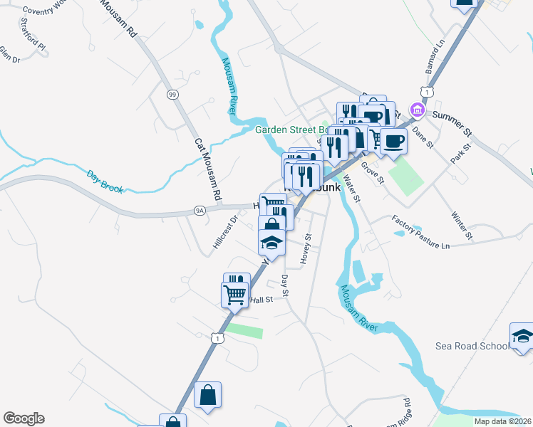 map of restaurants, bars, coffee shops, grocery stores, and more near 20 High Street in Kennebunk