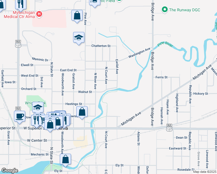 map of restaurants, bars, coffee shops, grocery stores, and more near 703 North Court Avenue in Alma