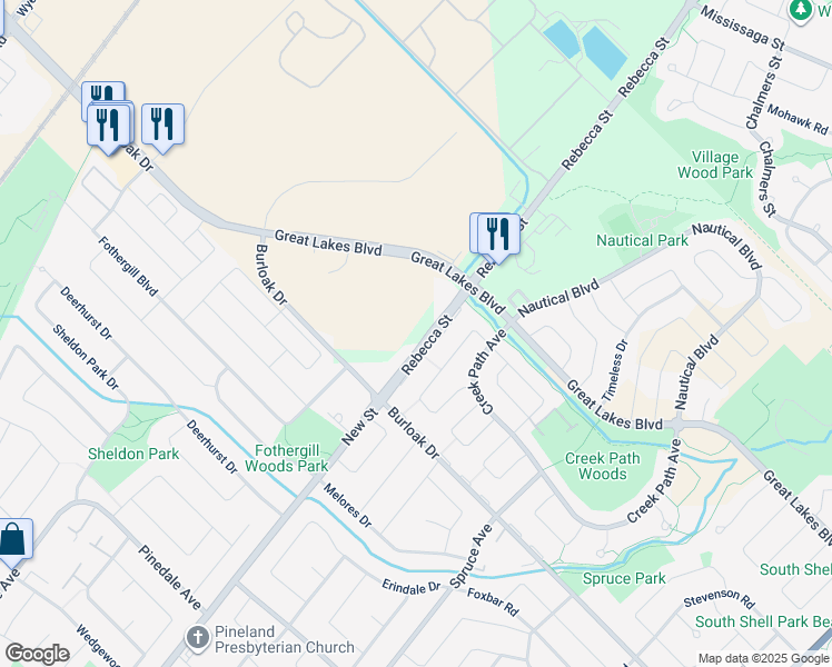 map of restaurants, bars, coffee shops, grocery stores, and more near 3495 Rebecca Street in Oakville