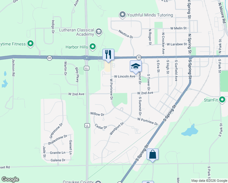 map of restaurants, bars, coffee shops, grocery stores, and more near 1580 West Portview Drive in Port Washington