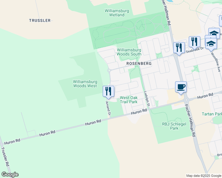 map of restaurants, bars, coffee shops, grocery stores, and more near 100 Amand Drive in Kitchener
