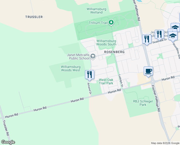 map of restaurants, bars, coffee shops, grocery stores, and more near Amand Drive in Kitchener