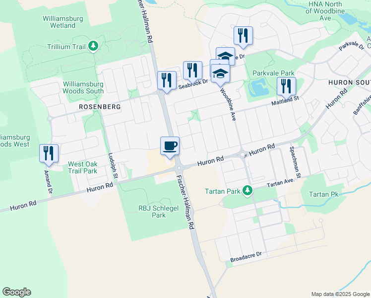 map of restaurants, bars, coffee shops, grocery stores, and more near Rachel Crescent in Kitchener