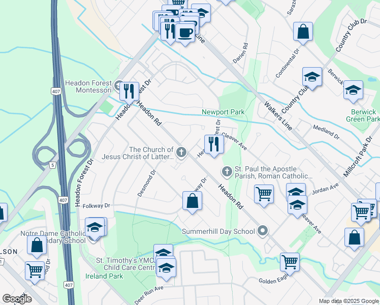 map of restaurants, bars, coffee shops, grocery stores, and more near 2355 Headon Road in Burlington
