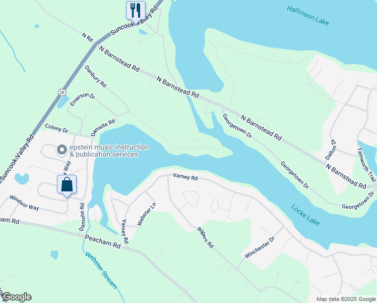 map of restaurants, bars, coffee shops, grocery stores, and more near 65 Bradford Lane in Barnstead
