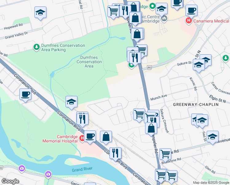 map of restaurants, bars, coffee shops, grocery stores, and more near 25 Isherwood Avenue in Cambridge