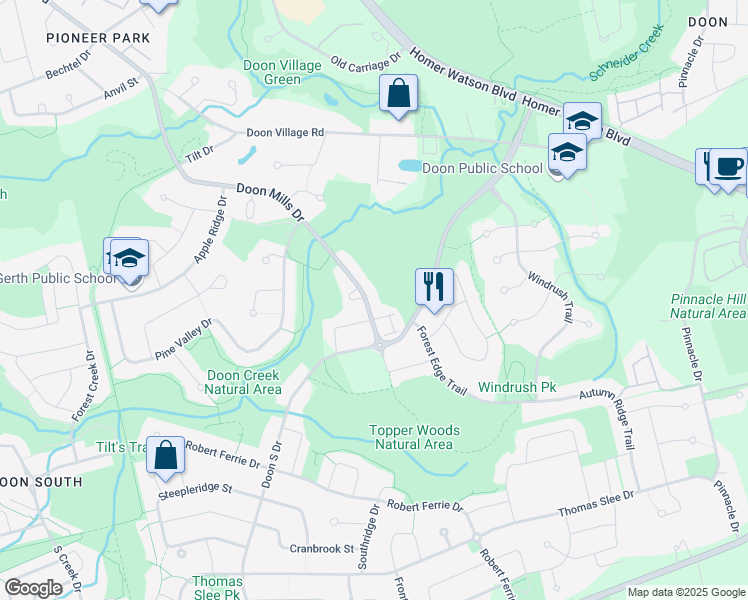 map of restaurants, bars, coffee shops, grocery stores, and more near 46 Doon Mills Drive in Kitchener
