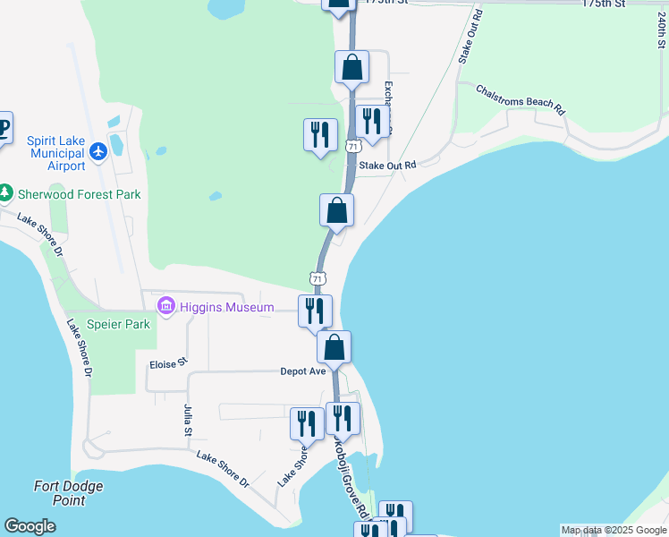 map of restaurants, bars, coffee shops, grocery stores, and more near Great Lakes Spine Trail in Okoboji