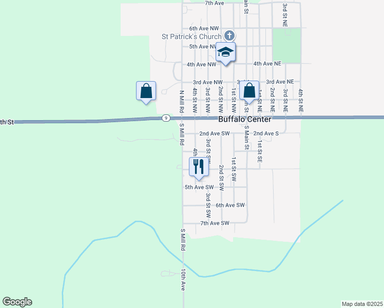 map of restaurants, bars, coffee shops, grocery stores, and more near 301 4th Street Southwest in Buffalo Center
