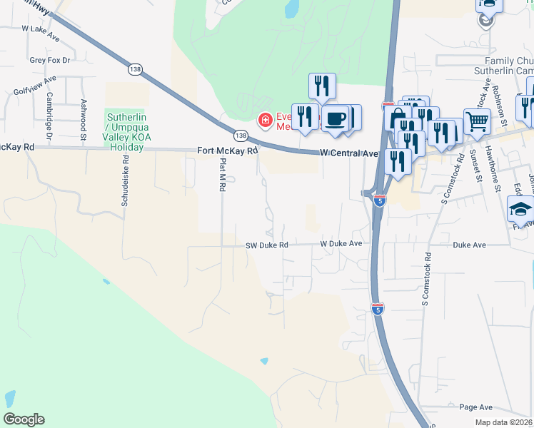 map of restaurants, bars, coffee shops, grocery stores, and more near 1905 Southwest Duke Road in Sutherlin