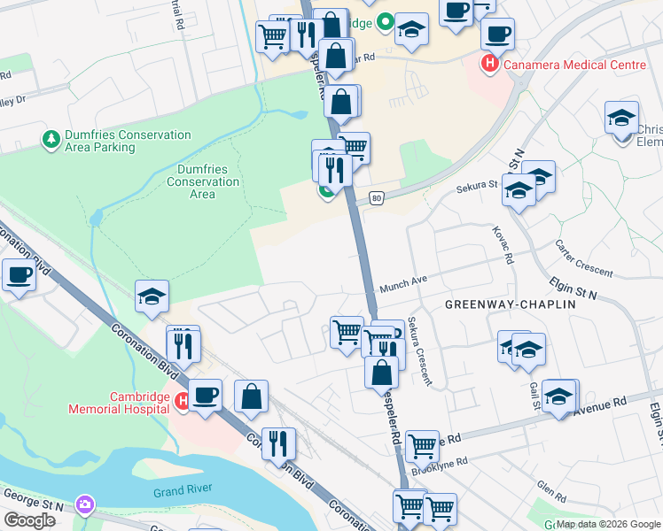map of restaurants, bars, coffee shops, grocery stores, and more near 202 Hespeler Road in Cambridge