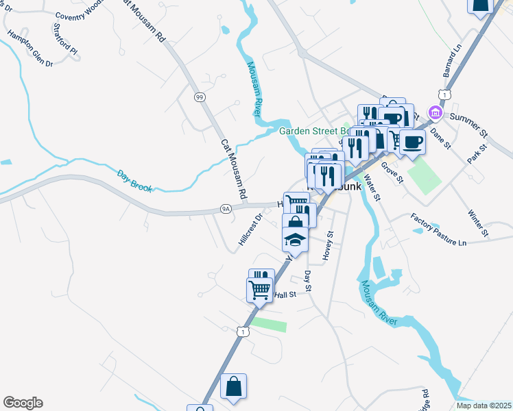 map of restaurants, bars, coffee shops, grocery stores, and more near 18 Hillcrest Drive in Kennebunk
