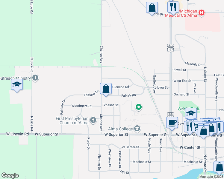 map of restaurants, bars, coffee shops, grocery stores, and more near 1007 Falkirk Road in Alma