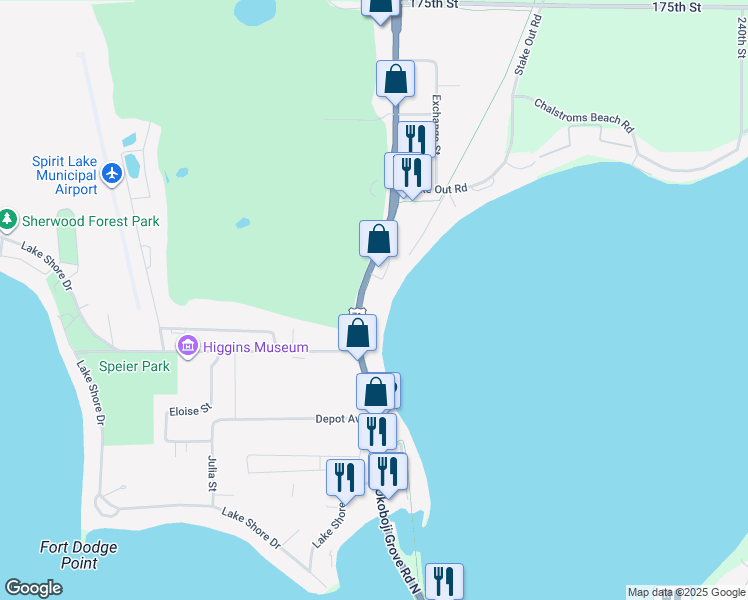 map of restaurants, bars, coffee shops, grocery stores, and more near 1114 U.S. 71 in Spirit Lake