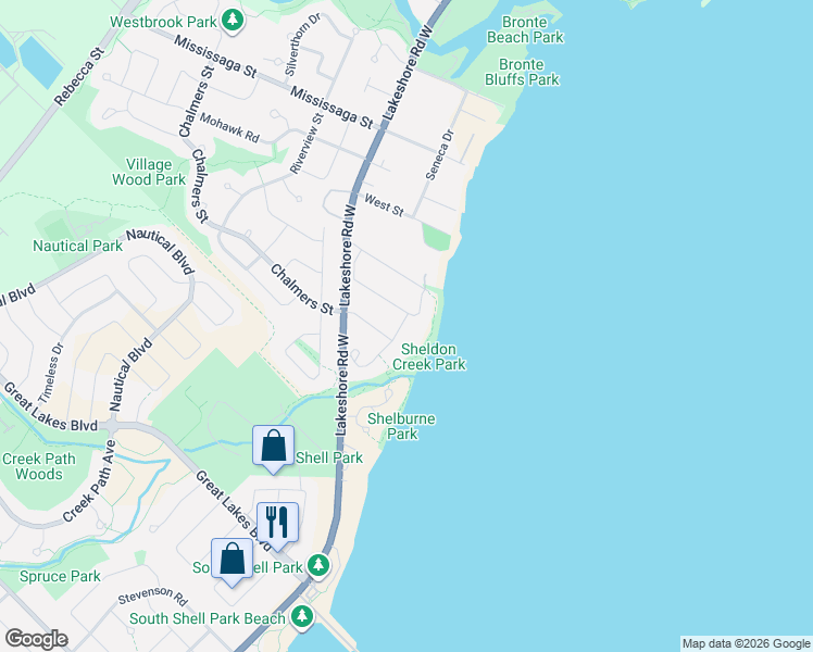 map of restaurants, bars, coffee shops, grocery stores, and more near 3193 Shoreline Drive in Oakville