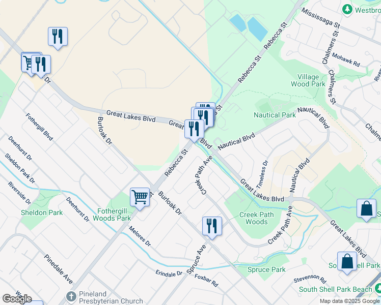 map of restaurants, bars, coffee shops, grocery stores, and more near 3464 Rebecca Street in Oakville