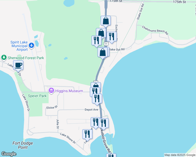 map of restaurants, bars, coffee shops, grocery stores, and more near 1114 U.S. 71 in Spirit Lake