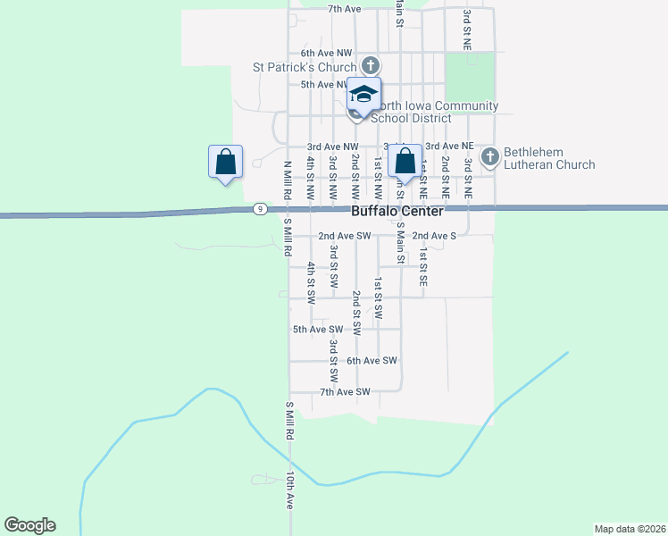 map of restaurants, bars, coffee shops, grocery stores, and more near 300 3rd Street Southwest in Buffalo Center