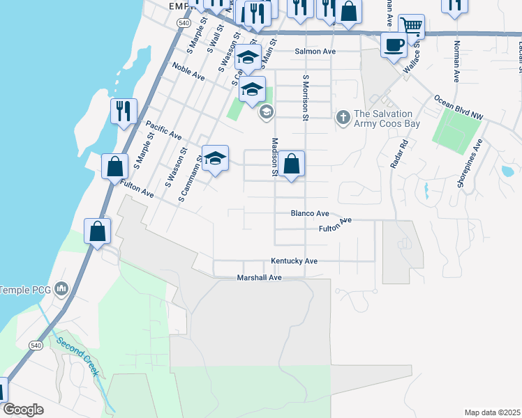 map of restaurants, bars, coffee shops, grocery stores, and more near 820 Webster Avenue in Coos Bay