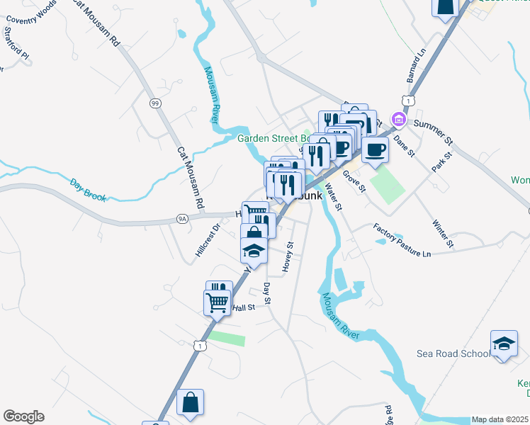map of restaurants, bars, coffee shops, grocery stores, and more near 9 High Street in Kennebunk