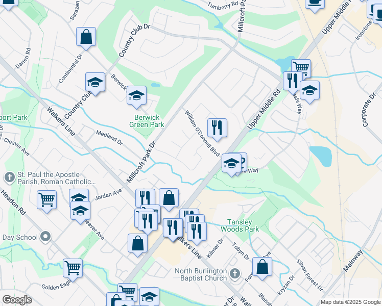 map of restaurants, bars, coffee shops, grocery stores, and more near 2029 Waterbridge Drive in Burlington