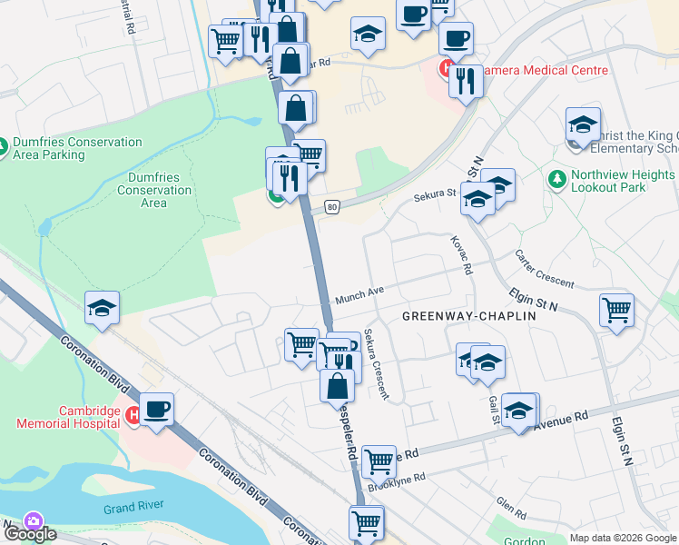 map of restaurants, bars, coffee shops, grocery stores, and more near 197 Hespeler Road in Cambridge