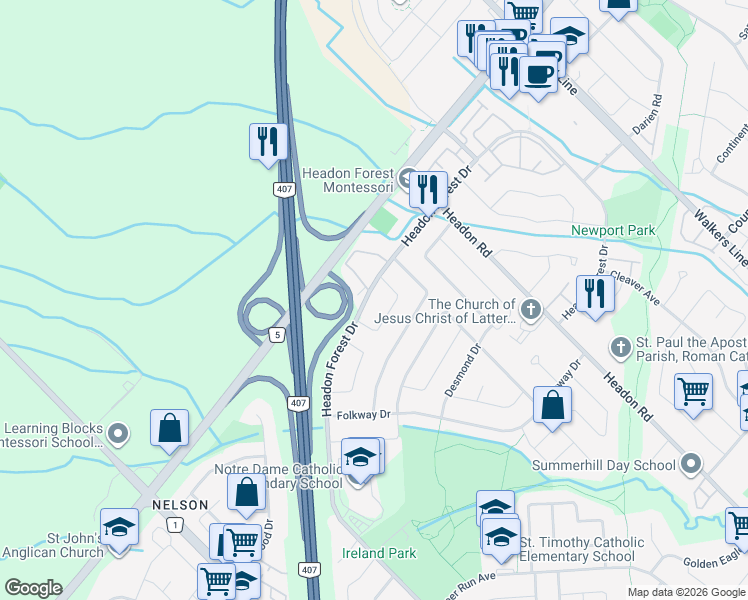 map of restaurants, bars, coffee shops, grocery stores, and more near 2461 Headon Forest Drive in Burlington
