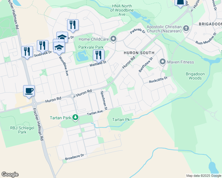 map of restaurants, bars, coffee shops, grocery stores, and more near 7 Plains Road in Kitchener