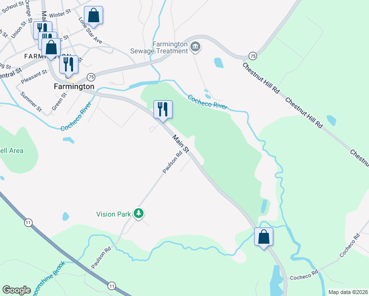 map of restaurants, bars, coffee shops, grocery stores, and more near 456 Main Street in Farmington