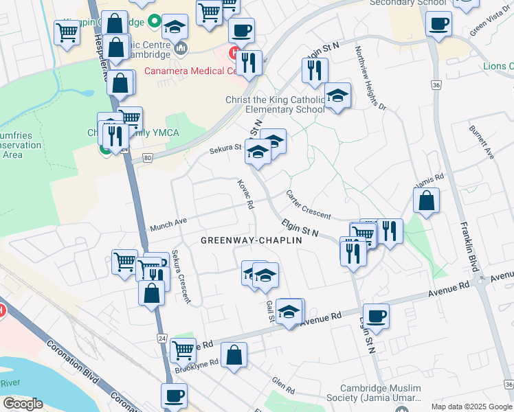 map of restaurants, bars, coffee shops, grocery stores, and more near 108 Munch Avenue in Cambridge