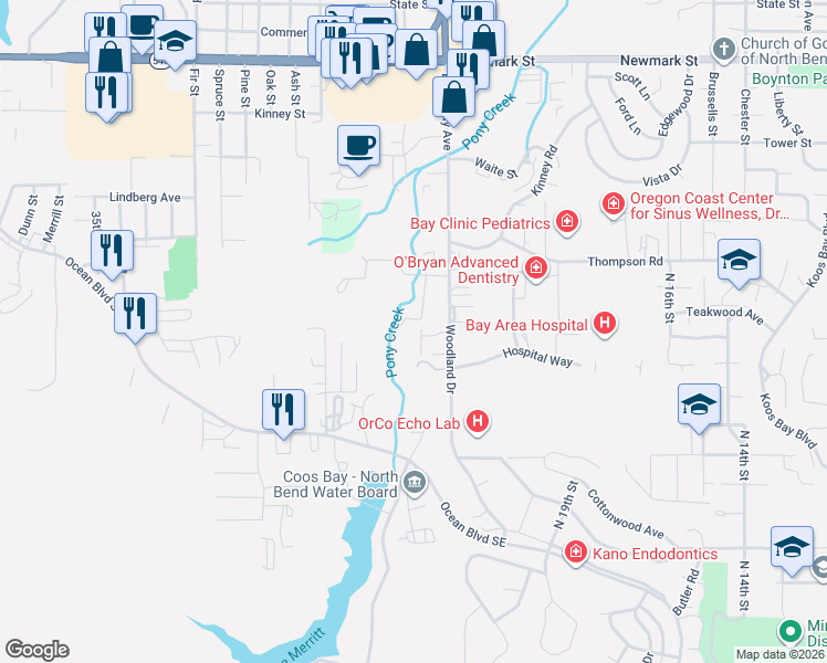 map of restaurants, bars, coffee shops, grocery stores, and more near 2510 Creekside Lane in North Bend