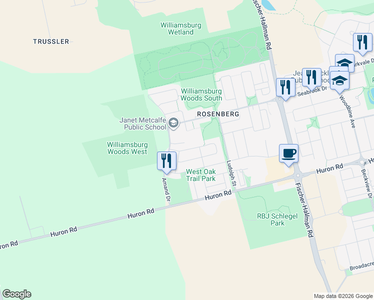 map of restaurants, bars, coffee shops, grocery stores, and more near Grovehill Crescent in Kitchener