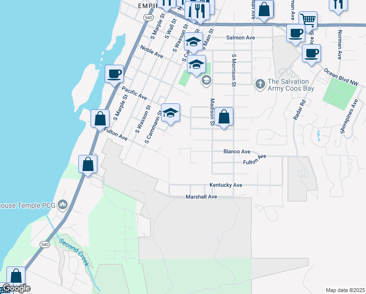 map of restaurants, bars, coffee shops, grocery stores, and more near 605 South Main Street in Coos Bay