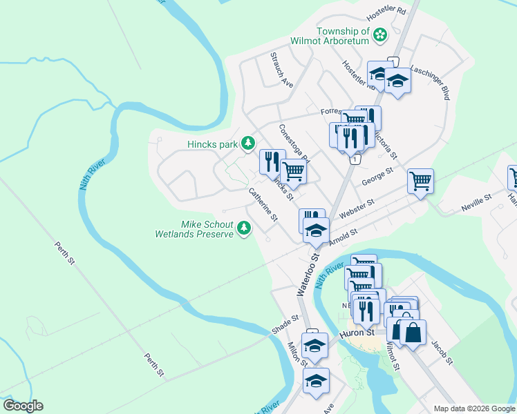 map of restaurants, bars, coffee shops, grocery stores, and more near 144 Catherine Street in New Hamburg