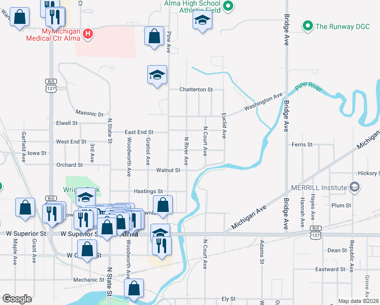 map of restaurants, bars, coffee shops, grocery stores, and more near 811 North River Avenue in Alma
