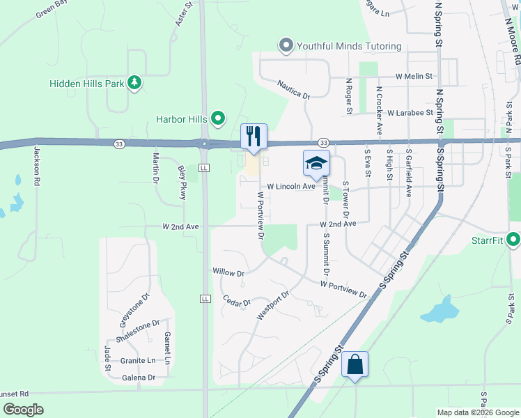 map of restaurants, bars, coffee shops, grocery stores, and more near 1587 West Portview Drive in Port Washington