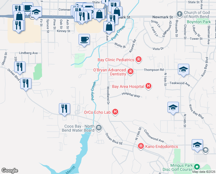 map of restaurants, bars, coffee shops, grocery stores, and more near 2335 Woodland Drive in Coos Bay