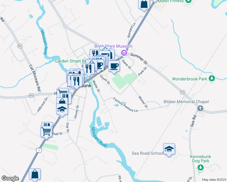 map of restaurants, bars, coffee shops, grocery stores, and more near 30 Grove Street in Kennebunk
