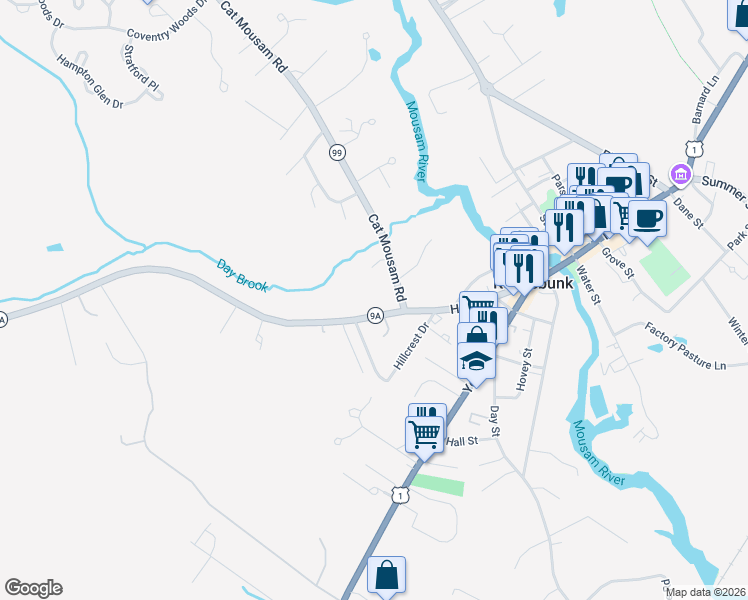 map of restaurants, bars, coffee shops, grocery stores, and more near 15 Hillcrest Drive in Kennebunk