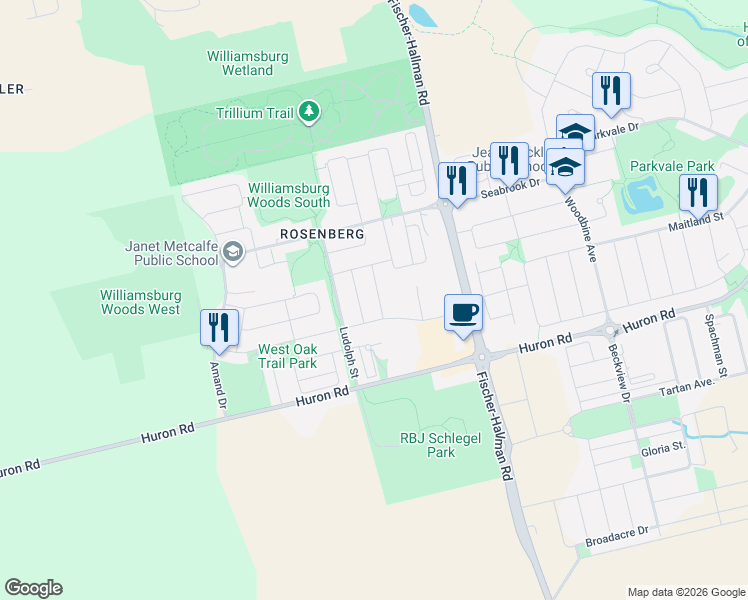 map of restaurants, bars, coffee shops, grocery stores, and more near 28 Postmaster Drive in Kitchener