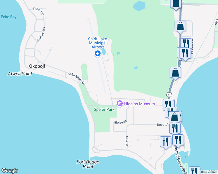 map of restaurants, bars, coffee shops, grocery stores, and more near 1750 Country Club Drive in Okoboji