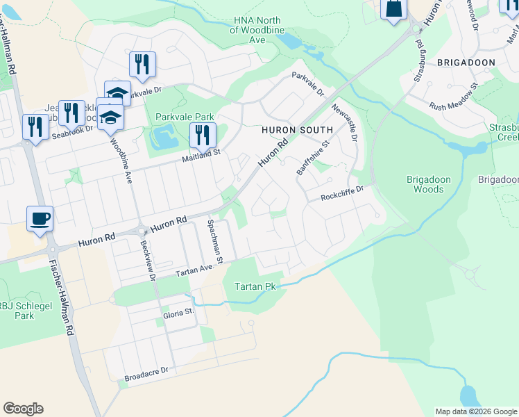 map of restaurants, bars, coffee shops, grocery stores, and more near 760 Huron Road in Kitchener