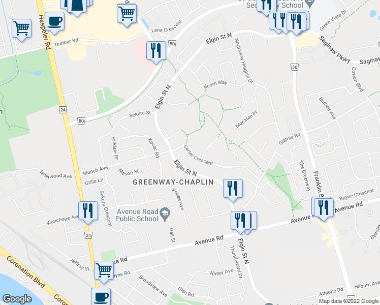 map of restaurants, bars, coffee shops, grocery stores, and more near 144 Carter Crescent in Cambridge