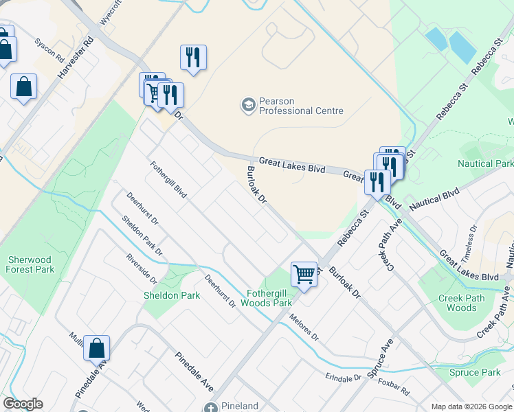 map of restaurants, bars, coffee shops, grocery stores, and more near in Oakville