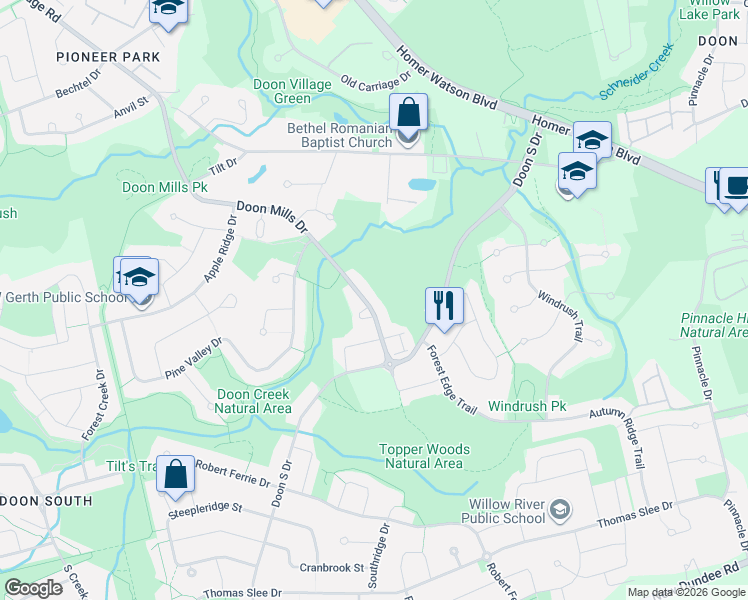 map of restaurants, bars, coffee shops, grocery stores, and more near 70 Doon Mills Drive in Kitchener