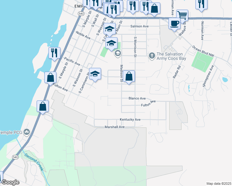 map of restaurants, bars, coffee shops, grocery stores, and more near 588 Madison Street in Coos Bay