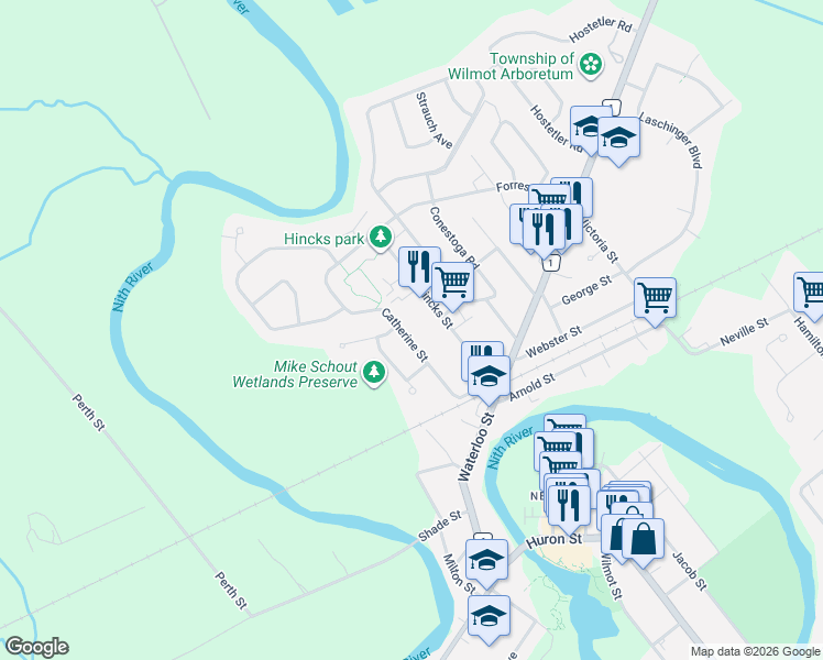 map of restaurants, bars, coffee shops, grocery stores, and more near 144 Catherine Street in New Hamburg