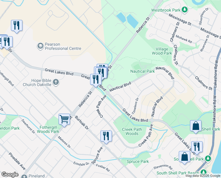 map of restaurants, bars, coffee shops, grocery stores, and more near in Oakville
